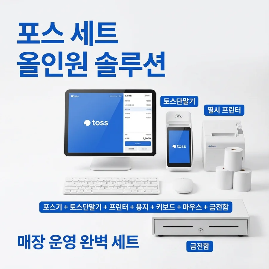 토스 포스 올인원 세트 구성: 포스기, 토스 단말기, 프린터, 용지, 키보드, 마우스, 금전함
